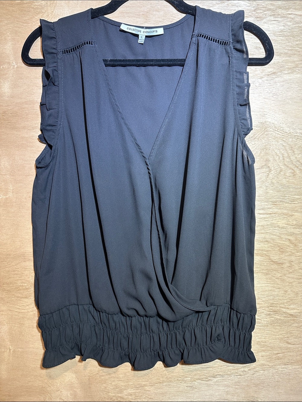 Collective Concepts Black Sleeveless Surplice Ruffle-Hem Camisole